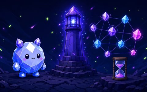 Comic crystal mascot beside a glowing beacon tower and node web, no text