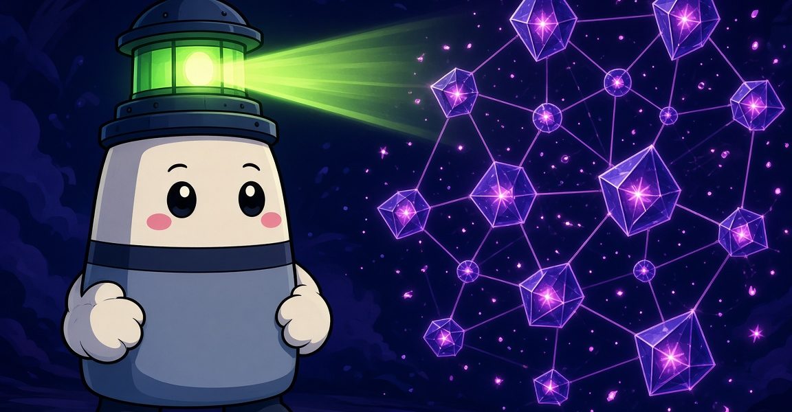 Comic lighthouse mascot with mittens beside a glowing crystal node network, no text
