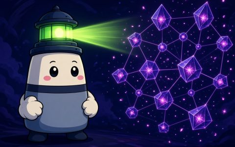 Comic lighthouse mascot with mittens beside a glowing crystal node network, no text