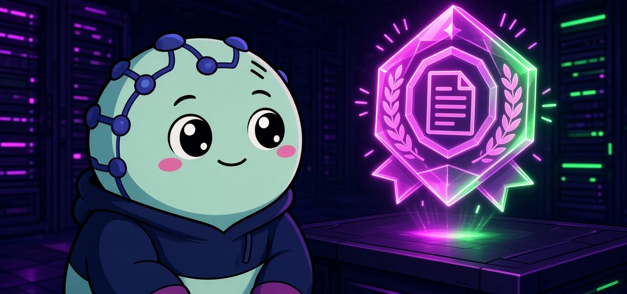 Cartoon node mascot watching a floating crystal certificate in a server hall