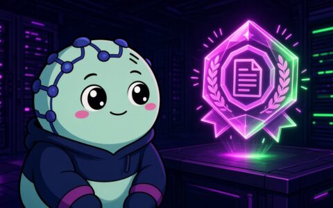 Cartoon node mascot watching a floating crystal certificate in a server hall
