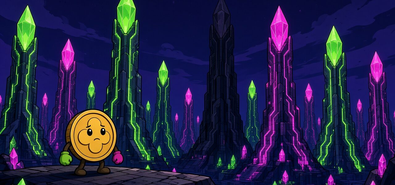Comic illustration of a mittened coin mascot in a crystal beacon city with one dim tower.