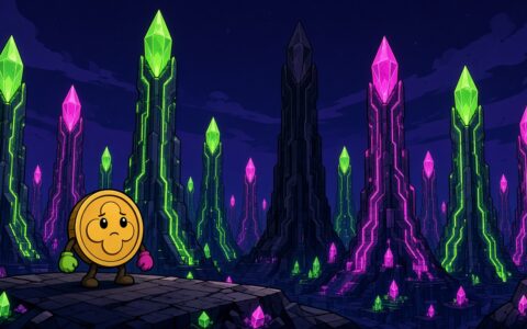 Comic illustration of a mittened coin mascot in a crystal beacon city with one dim tower.