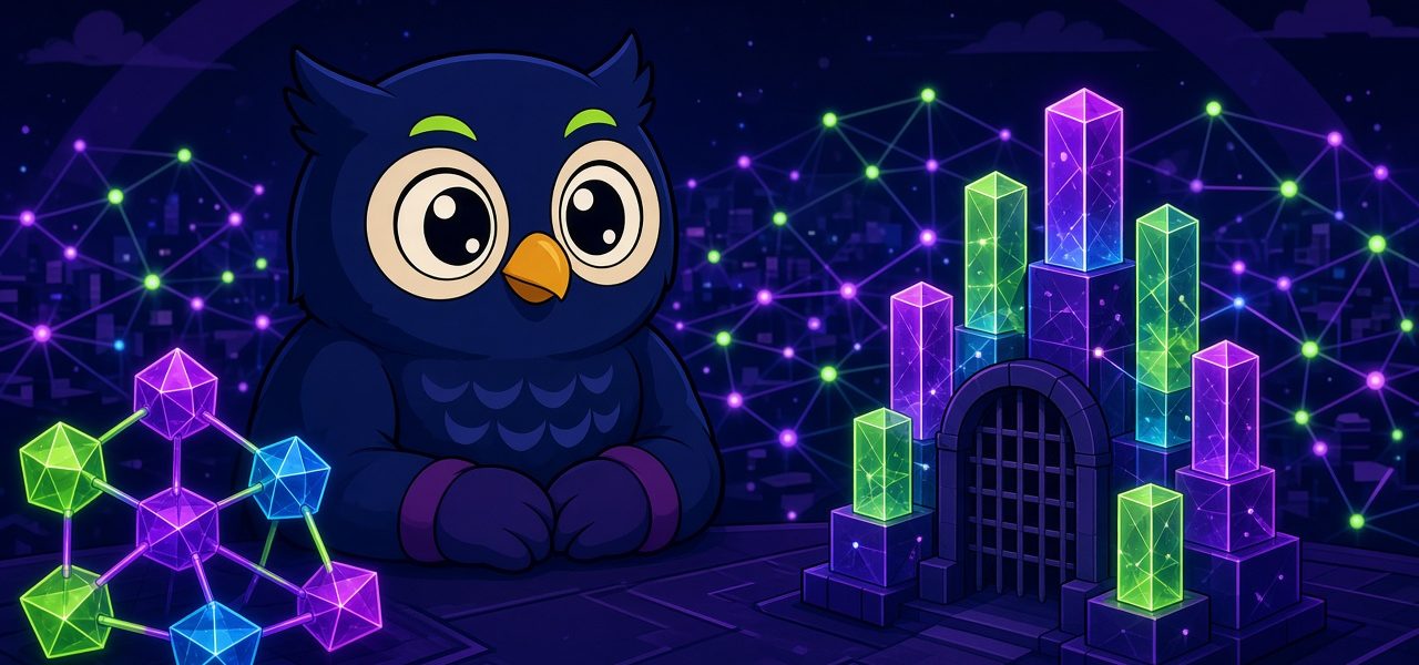 Comic navy owl with mittens beside glowing network crystals and a closed gate of glass towers. No text.