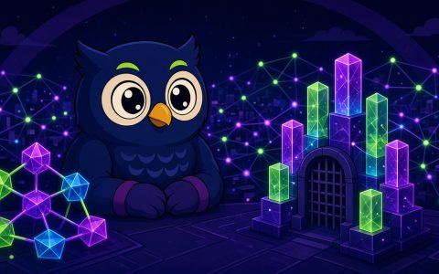 Comic navy owl with mittens beside glowing network crystals and a closed gate of glass towers. No text.