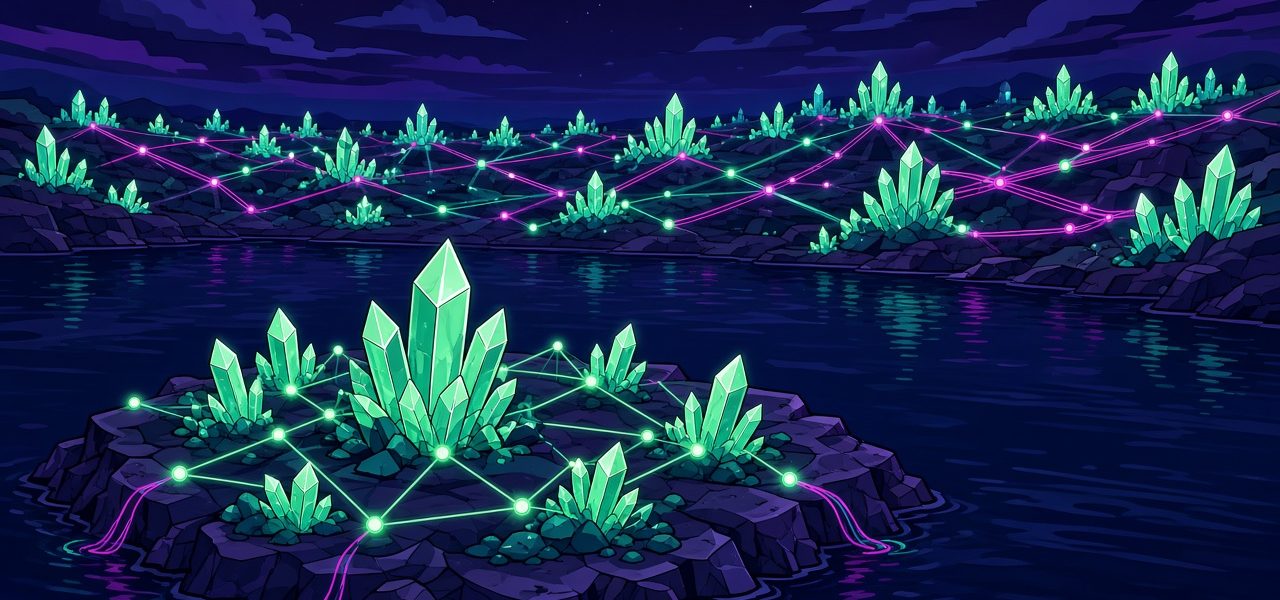 Comic illustration of crystal nodes on a test-network island and a larger mainland, no text