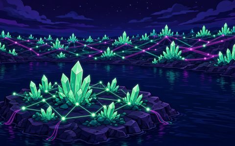 Comic illustration of crystal nodes on a test-network island and a larger mainland, no text