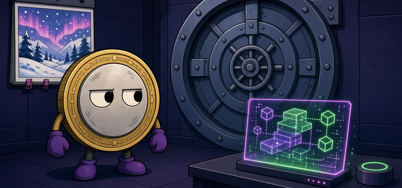 Comic coin mascot with mittens beside a vault door and a winter calendar, no text