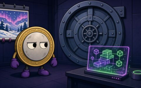 Comic coin mascot with mittens beside a vault door and a winter calendar, no text
