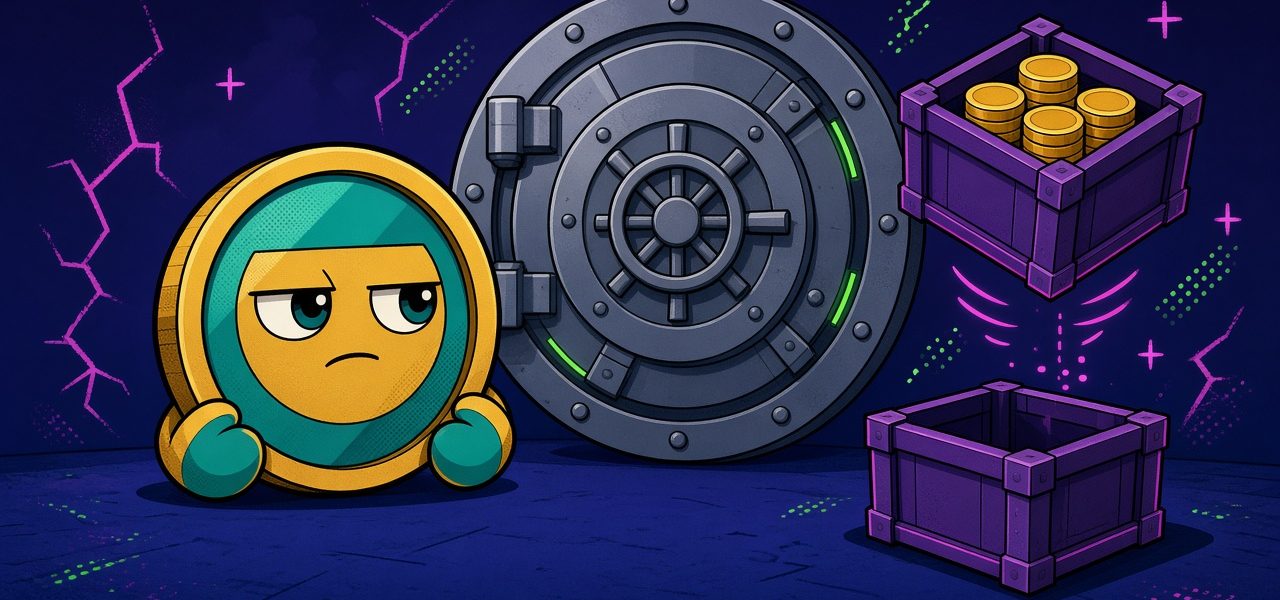 Comic coin mascot beside a bank vault and two crates, no text