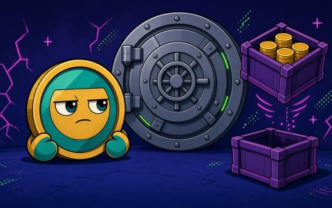 Comic coin mascot beside a bank vault and two crates, no text