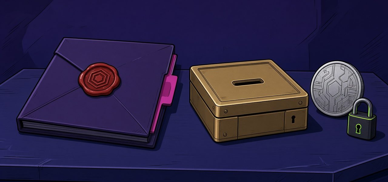 Sealed folder, closed brass box, coin disc, and padlock on a dark desk. No people.