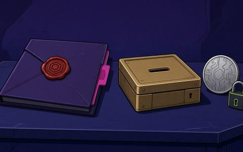 Sealed folder, closed brass box, coin disc, and padlock on a dark desk. No people.