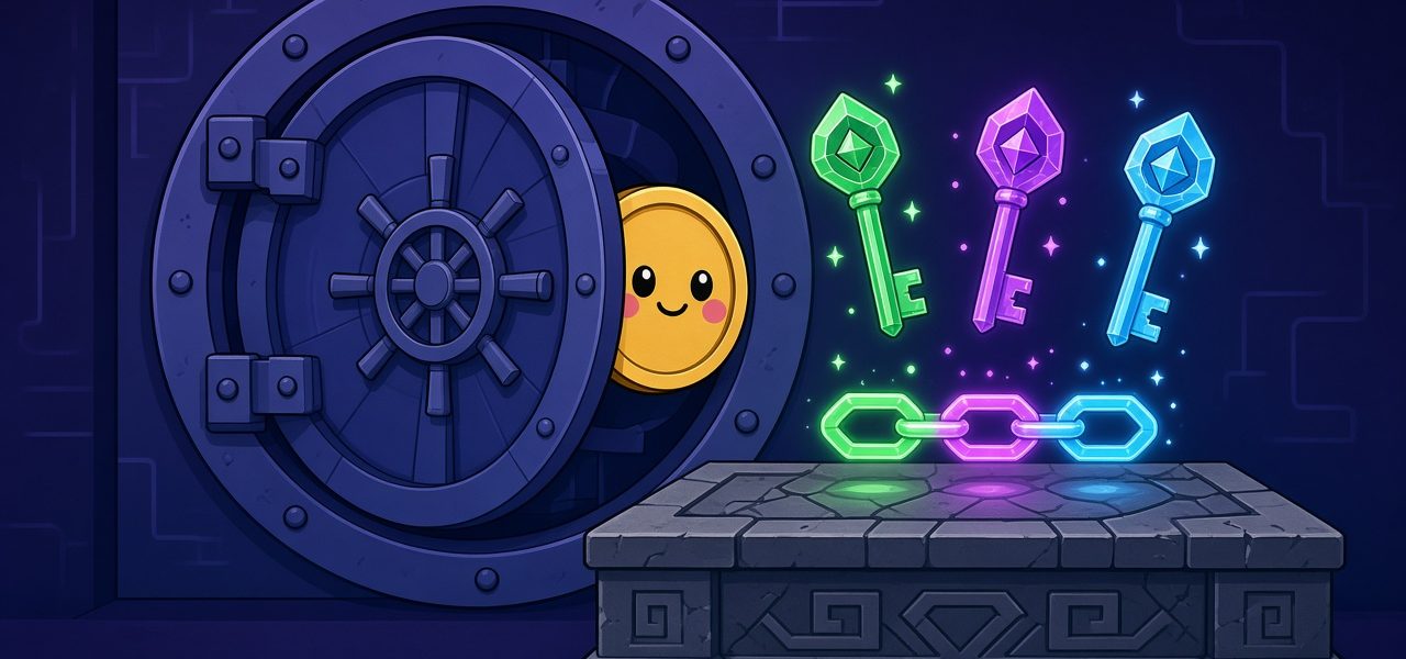 Comic vault with a smiling coin and floating crystal keys, no people