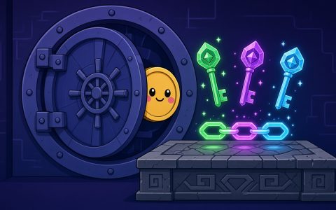 Comic vault with a smiling coin and floating crystal keys, no people