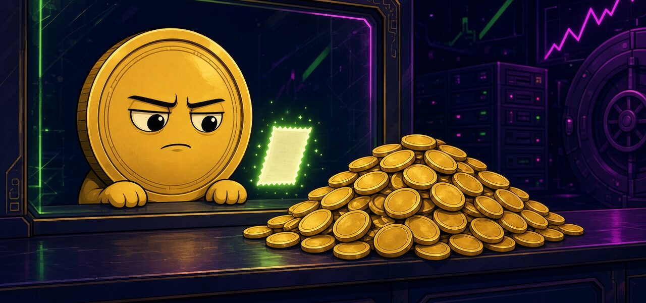 Comic gold coin mascot behind a teller window next to a pile of blank coins