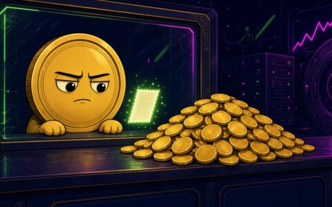 Comic gold coin mascot behind a teller window next to a pile of blank coins