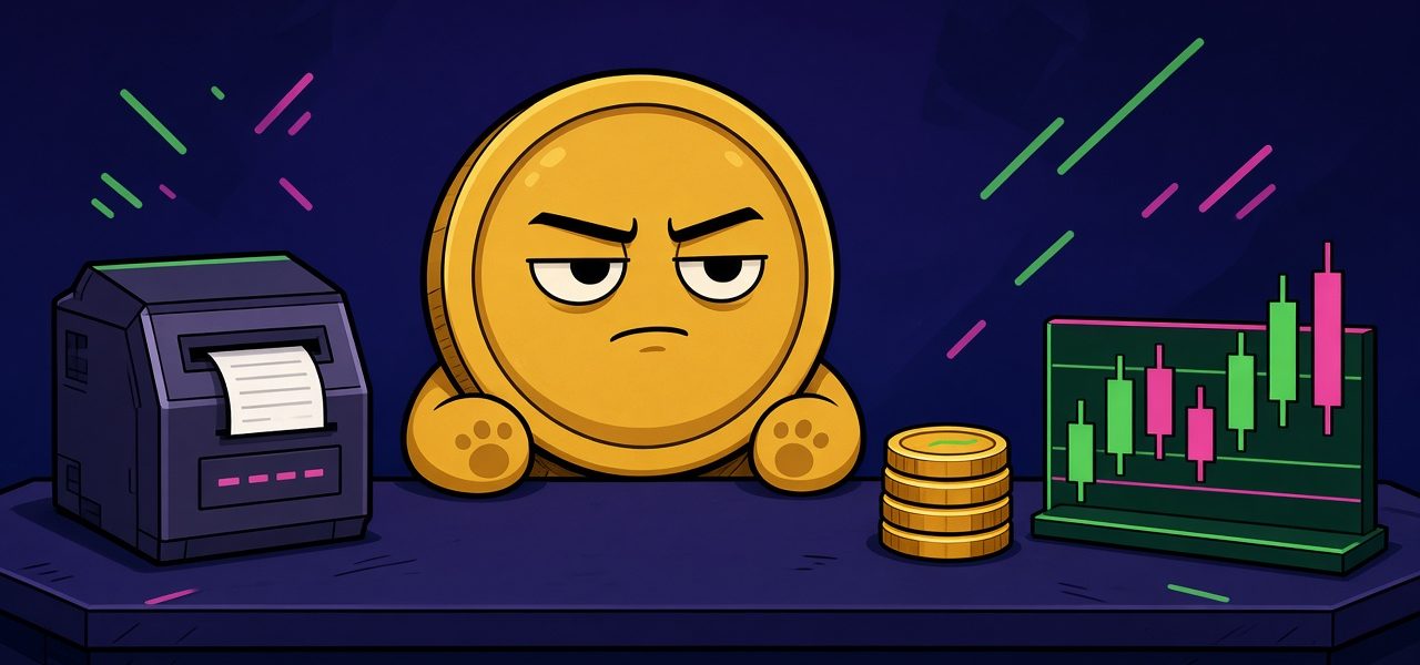 Comic gold coin mascot with mittens at a desk beside a receipt printer, coin stack, and candle chart. No text.