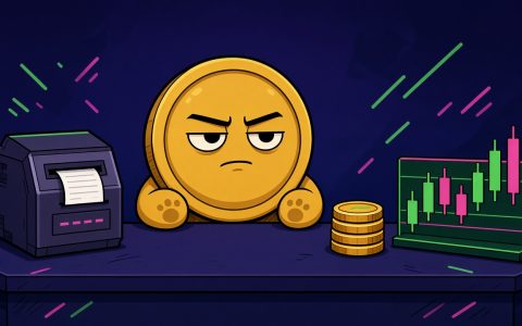 Comic gold coin mascot with mittens at a desk beside a receipt printer, coin stack, and candle chart. No text.
