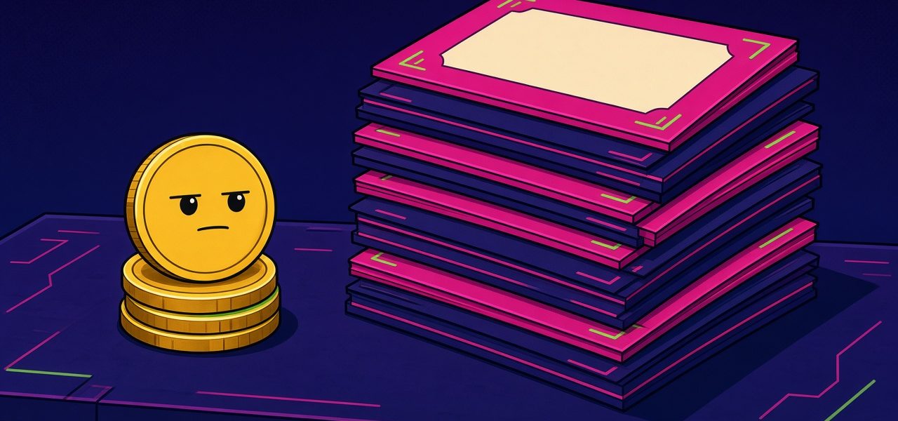 Comic illustration of a small coin stack beside a larger pile of blank certificates