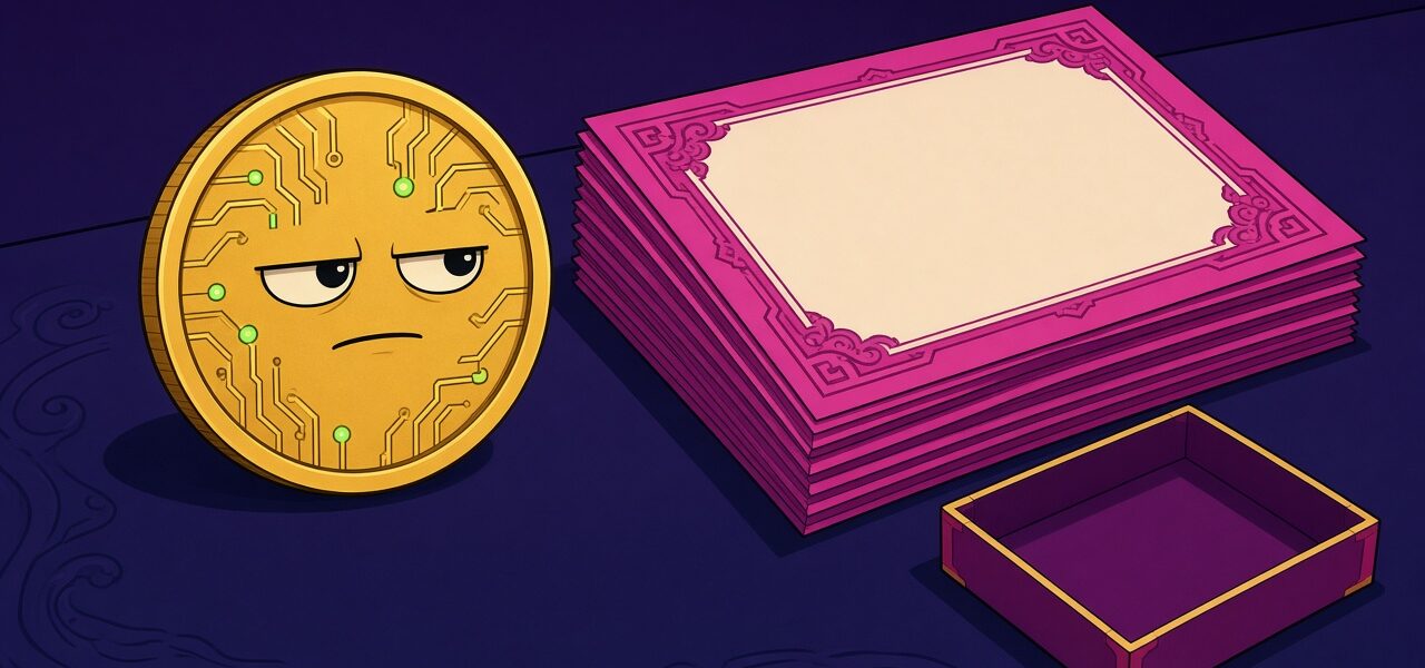 Comic still life of a gold coin character beside blank magenta certificates and an empty tray