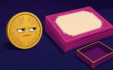 Comic still life of a gold coin character beside blank magenta certificates and an empty tray