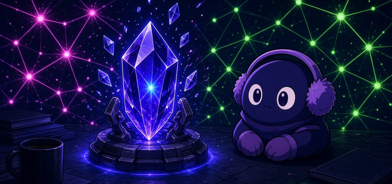 Comic crystal beacon node and mittened mascot, no text