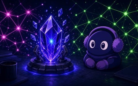 Comic crystal beacon node and mittened mascot, no text