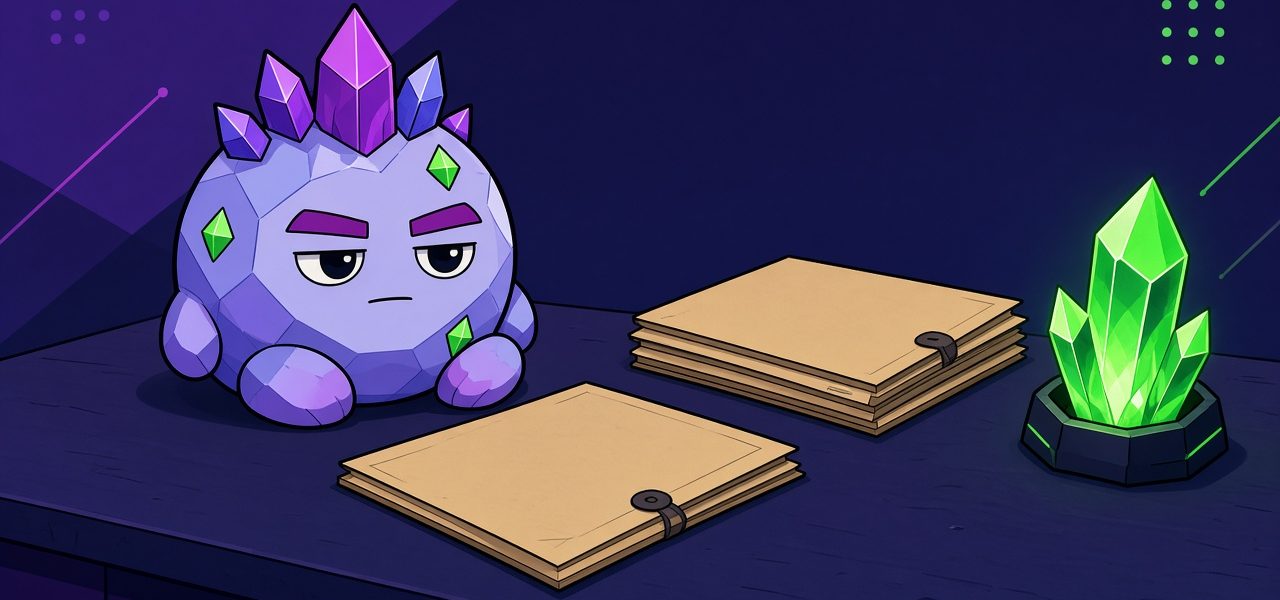 Comic crystal mascot beside closed folders and a green crystal on a dark desk