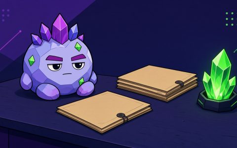 Comic crystal mascot beside closed folders and a green crystal on a dark desk